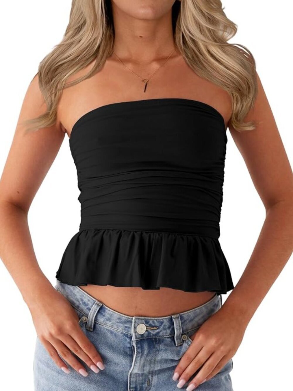 🖤✨ NWT Black Ruched Strapless Peplum Tube Top Medium
